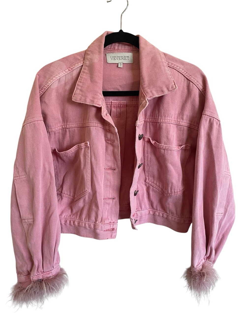 Veveret Pink Cropped Denim Jacket with Feather Cuffs